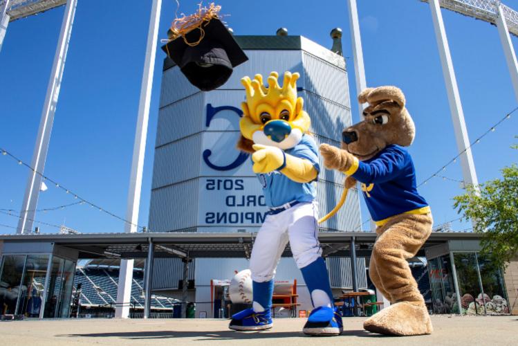 KC Roo mascot and Sluggerrr the Royals mascot at The K