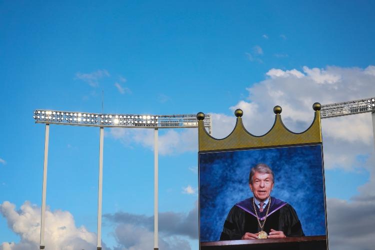 Senator Roy Blunt appears on Crown Vision at Kauffman Stadium